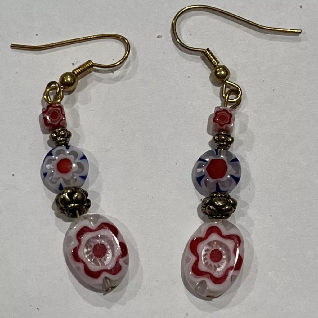 Gold Tone Dangle Earring Murano Glass Floral Beads Red And Blue Glass Beads 34$